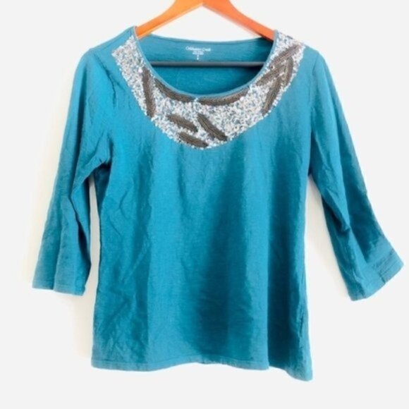 Coldwater Creek Top S Embellished Sequin & Beaded Feather Boho Spirit - Picture 1 of 9
